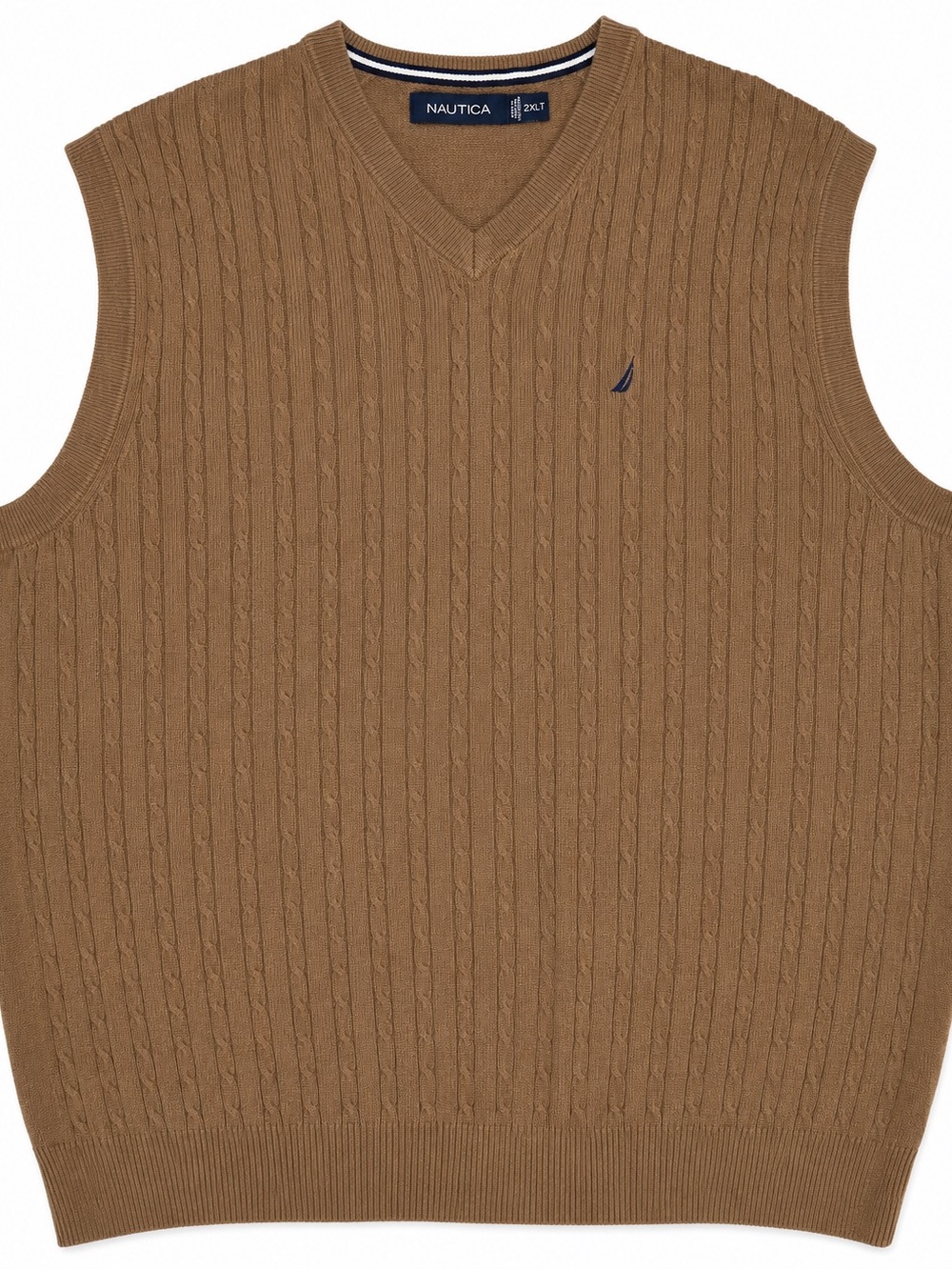 Nautica Men's Cable Knit V-Neck Sweater Vest in Camel Brown with Navy Logo